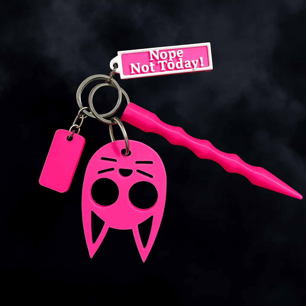 Personal Safety Keychain Kit for Girls & Women – 3D Printed Cat Knuckle, Whistle & Kubotan